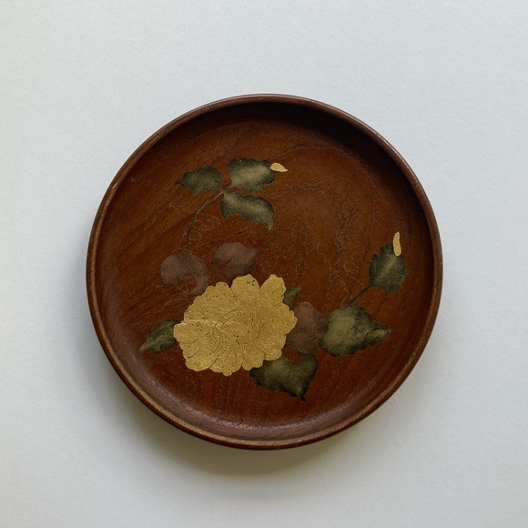 kay bojesen denmark teak mid century round plate dish hand painted golden rose - Picture 9 of 9